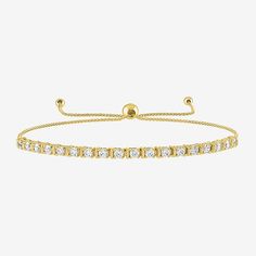 This women's bolo bracelet lends a glam sparkle to your everyday styling. Made from 10K Yellow Gold, it features round-cut Lab-Grown Diamonds prong set in a center row and an adjustable wheat chain. It also makes a great gift for those with an April birthday as well with diamonds the birthstone for that month. Features: Adjustable, Quick ShipDiamond Clarity: Si2-I1Setting: ProngStone Cut: RoundDiamond Color: G-HMetal Color: YellowChain Length: 9 InchRounded Carat Weight: 1 Ct. T.w.Chain Construc Diamond Bracelet With Box Chain For Gift, Diamond Bracelets With Box Chain For Gifts, Adjustable White Gold Bracelet For Everyday, Classic Diamond Bracelet With Box Chain, Yellow Gold Diamond Bracelets With Adjustable Chain, Everyday Yellow Gold Bracelets With Prong Setting, Everyday Bracelets With Prong Setting, Adjustable Classic Yellow Gold Chain Bracelet, Adjustable Everyday Bracelets With Diamond Accents