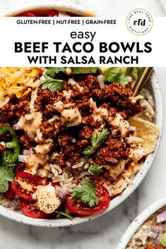 beef taco bowls with salsa ranch in a bowl