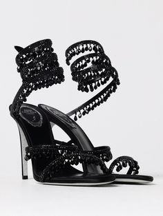 Heeled Sandals RENE CAOVILLA Woman color Black Rene Caovilla Flat Sandals, Rene Caovilla Chandelier, Rene Caovilla Heels Vintage, Rene Caovilla Heels Black, Rene Caovilla Shoes, Rhinestone Material, Rene Caovilla, Black Shoes Women, Black Sandals Heels