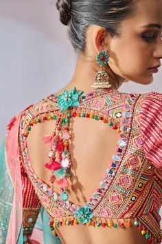 Multi colored phulkari embroidered hip yoke lehenga in a layered silhouette. Comes with multi colored phulkari embroidered blouse and color block dupatta. - Aza Fashions Multicolor Pallu Blouse For Reception, Traditional Multicolor Blouse For Reception, Multicolor Blouse For Receptions And Festivals, Multicolor Blouse For Festivals And Receptions, Multicolor Blouse Piece With Mirror Work For Transitional Season, Multicolor Blouse For Navratri And Traditional Ceremonies, Multicolor Blouse For Navratri Ceremonies, Bollywood Style Multicolor Blouse For Traditional Ceremonies, Transitional Multicolor Blouse Piece With Mirror Work