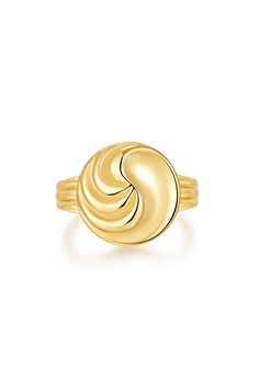 Signet style chunky ring featuring a center round pendant with a swirled pattern 14mm x 5mm x 3mm Made from Brass Plated Gold or Silver Available in US ring sizes 4, 5, 6, 7, + 8 Ring is 100% nickel-free and cadmium-free 1 year warranty Packaged in Luv Aj branded gift boxes Part of the Camelia Farhoodi x Luv Aj Collection Gold Ring Chunky, Luxury Tarnish-resistant Rings In Recycled Gold, Luxury Gold Brass Rings, Gold Luxury Statement Dome Ring, Camelia Farhoodi, Luxury Recycled Gold Rings, Tarnish Resistant, Favorite Engagement Rings, Luv Aj, Chunky Ring