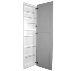 an open white cabinet with shelves and glass doors on the door side, isolated against a white background