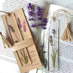 three dried lavender flowers on top of an open book with twine and twine