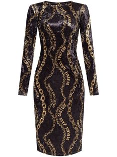 black/gold stretch-design velvet finish Chain Couture print round neck long sleeves straight hem Versace Chain, Long Sleeve Velvet Dress, City Dress, Rocker Chic, Versace Jeans Couture, Versace Jeans, Printed Midi Dress, Couture Dresses, Black Midi Dress