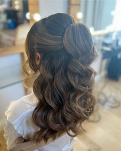 By @d__hairstylist on instagram! Glamour Half Up Half Down, Wedding Hairstyles Half Up Half Down Curly Long Hair Accessories, Down Hair Styles Bridesmaid, Deb Hair Styles, Hoco Hairstyles For Brown Hair, Hair Styles Down For Wedding, Half Up Half Down Ponytail With Braids, Hairstyle Ideas For Long Hair Half Up, Hairstyles Curled Hair Half Up