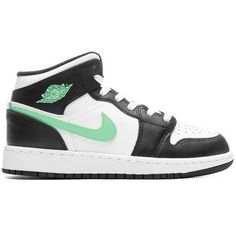 Air Jordan 1 Mid Big Kids' Shoes Color: White/Black/Green Glow Size: 6Y Size: 6.  Gender: unisex. White And Green Jordans, Nike Air Jordans Lime Green, Teal Jordans, Black And White Air Jordan 1 Mid, Air Jordan 1 Mid Black And White, Green Mid-top Jordan Shoes For Streetwear, Nike Kids Shoes, Green Jordans, Jordan 1 Mid White