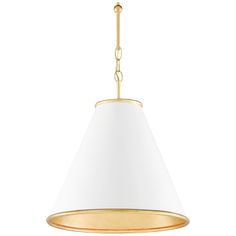 a white and gold pendant light hanging from a ceiling fixture with a chain on the end