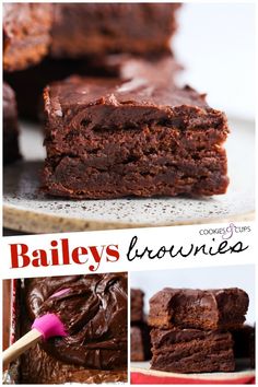 chocolate brownies are stacked on top of each other with the words bailey's flour written above them