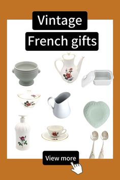 vintage french gifts are on display with the words'view more'in black and white