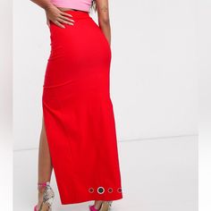 Brand New And Never Worn In Red Fitted Red Maxi Skirt For Night Out, Red High Waist Maxi Skirt, Red Maxi Skirt For Night Out, Chic Red Fitted Maxi Skirt, Chic Red Maxi Skirt For Night Out, Skirt With Buttons, Red Color, Maxi Skirt, High Waisted Skirt