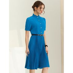 The short-sleeved belt-waisted dress highlights your pretty waist and shows your feminine charm. This pleated midi dress is suitable for spring, summer, and fall, and also for occasions like working in an office or campus, conferences, and ceremony events, such as graduations, parties, weddings, vacations, church, etc. This casual belted shirt dress can be well paired with plimsolls as part of a stylish weekend look. Casual Fitted Short Sleeve Belted Dress, Casual Fitted Belted Dress With Short Sleeves, Casual Short Sleeve Dresses With Belt, Chic Short Sleeve Belted Dress For Office, Fitted Short Sleeve Pleated Summer Dress, Blue Pleated Knee-length Midi Dress, Fitted Short Sleeve Pleated Dress For Spring, Summer Semi-formal Pleated Midi Dress, Blue Pleated Waist Midi Dress