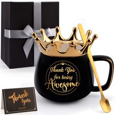 PRICES MAY VARY. 🎁[Exquisite Style Design] Even coloring and clear painting, black and gold colors represent for noble and elegance. Non-fading gold text "thank you for being awesome", conveys the appreciation and praise to receipiant. Gold heavy crown lid, reminds that you're the queen of your own life. With thank you card, spoon and gifts box, this is the coolest gifts for women. 🎁[Premium & Safe Material] This inspirational thank you gifts is made from premium ceramic, no harm to human body Heavy Crown, Boss Lady Gifts, Graduation Gifts For Friends, Queen Gifts, Gifts Box, Unique Valentines Day Gifts, Employee Appreciation Gifts, Christmas Gifts For Coworkers, Get Well Soon Gifts