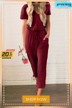 Lace-up V-neck Short-sleeved Slim Women's Jumpsuit Women's Jumpsuit, Jumpsuits And Romper, Jumpsuit Fashion, Jumpsuits For Women, Jumpsuit Romper, Jumpsuit, Shop Now, Rompers, Lace Up