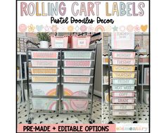 the rolling cart labels are shown in pink and white