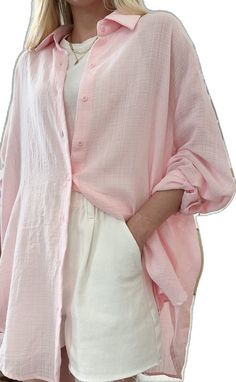 Oversized Long Sleeve Pink Blouse, Casual Oversized Pink Blouse, Oversized Pink Casual Blouse, Oversized Casual Pink Blouse, Pink Button-up Blouse For Loungewear, Pink Buttoned Beach Blouse, Pink Blouse With Buttons For The Beach, Oversized Pink Blouse With Buttons, Pink Loose Feminine Top