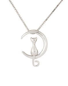 This lovely necklace features a cat gazing serenely from the moon. Give off an air of mystery, nostalgia, or romance with this necklace. The silver plating will allow the necklace to pair well with any outfit. A sweet and simplistic look, and a must have jewelry piece to add to your collection. The perfect gift for cat lovers. A sweet and nostalgic necklace that can pair with any outfit. The perfect gift for loved ones, friends, and cat lovers. Plated in 925 sterling silver for a polished look. Silver Cat Design Necklace, Silver Cat Design Round Necklace, Elegant Silver Necklace With Cat Design, Elegant Cat Design Pendant Necklace, Elegant Pendant Necklace With Cat Design, Dainty Silver Necklace With Cat Design, Sterling Silver Cat Design Pendant Necklace, Must Have Jewelry, Cat And Moon