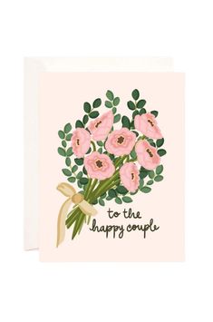 a card with pink flowers and the words to the happy couple