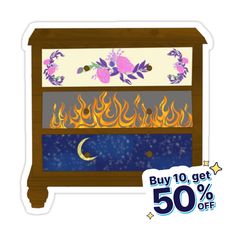 a wooden cabinet with fire and flames on the front, 50 % off sticker