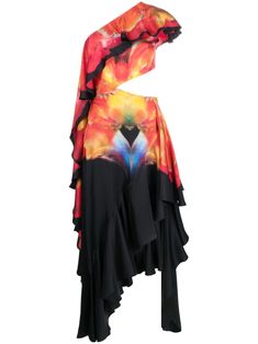 black/multicolour silk satin Solarised Orchid print cut-out detailing ruffled detailing off-shoulder sleeveless ankle-length asymmetric hem Multicolor One-shoulder Midi Dress For Evening, Black Kimono Dress, Alexander Mcqueen Dress, Orchid Print, Mcqueen Dress, Alexander Mcqueen Dresses, Black Kimono, Ruffled Dress, Van Cleef Arpels