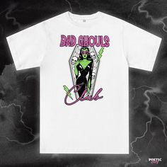 Arise from your spooky slumber and join our Bad Ghouls Club. Available in a variety of printed colours. (Check out our limited edition Lime Green t-shirt print limited to a 25 print run!) For sizing, please refer to the Unisex size guides pictured. UK - Size guide. XS - 3XL (100% organic cotton tee) USA - Size Guide. XS - 3XL (100% soft ringspun cotton tee)