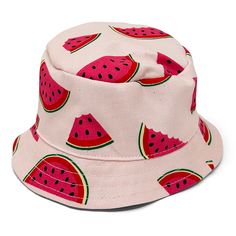 Behold this bucket hat adorned with cut-out seeded watermelon graphics, perfectly capturing the essence of summer. Its pull-string tie design adds a touch of versatility and style, making it a must-have accessory for any sunny adventure. Playful Adjustable Bucket Hat With Uv Protection, Fun Sun Hat For Summer Outdoor, Fun Summer Sun Hat For Outdoor, Casual Pink Sun Hat With Adjustable Fit, Casual Summer Sun Hat For Outdoor, Trendy Pink Adjustable Sun Hat, Adjustable Pink Casual Sun Hat, Casual Pink Adjustable Sun Hat, Casual Adjustable Pink Sun Hat