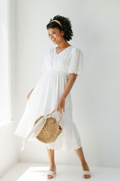 'Pearl' Eyelet Detail Cotton Midi Dress in White Summer Beach Eyelet Midi Dress, Summer Beach Midi Dress With Eyelet Details, Beach Eyelet Midi Dress, Beach Midi Eyelet Dress, Spring Eyelet Midi Dress For Brunch, Spring Brunch Eyelet Midi Dress, Elegant Eyelet Dresses For Day Out, Casual Broderie Anglaise Midi Dress For Vacation, Spring Eyelet Midi Dress