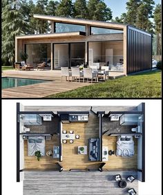 two different views of a house from above and below, with the same floor plan