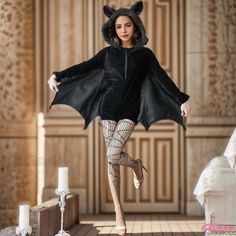 Qteee - Stylish Black Bat Ear Hooded Zipper Romper Shorts Black Gothic Costume For Winter, Gothic Black Costume For Winter, Black Long Sleeve Costume For Fall, Black Long Sleeve Fall Costume, Black Vampire Costume For Winter, Black Hooded Costume For Winter, Black Hooded Winter Costume, Black Fall Costume For Costume Party, Black Costumes For Fall Costume Party