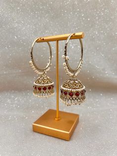 Gold & Multi style 12 Indian Hoop Jhumka Earrings / Bridesmaid Earrings - Etsy Red Hoop Jewelry For Wedding, Red Latkan Hoop Earrings For Wedding, White Hoop Earrings With Latkans For Celebration, Red Hoop Earrings With Latkans For Wedding, Festive Single Hoop Earring, Festive Hoop Single Earring, Red Chandbali Hoop Earrings As Gift, Hoop Earrings For Celebrations And Festivals, White Dangle Hoop Earrings For Festivals