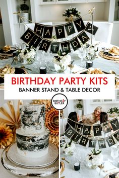 a birthday party kit with cake, banner and table decor for a black and white theme