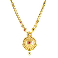 This 22k gold bridal necklace set by Virani Jewelers captivates with its intricate design and rich display of rubies, Kundan, and cubic zirconia. Perfectly suited for bridal and formal gatherings, the deep red hues and sparking Kudans add depth to the piece of Indian jewelry, while the 22k gold creates a subtle glow. Whether paired with traditional Indian gowns or bridal wear, this 22k gold necklace and earring set speaks to refined tastes, offering the perfect balance of opulence and understated charm.Features• 22k yellow gold• Kundan• Ruby Earring Specifications:• Minimum Width - 1.5 millimeters• Maximum Width - 10.55 millimeters• Length - 1.15 inchesNecklace Specifications:• Minimum Width - 2.3 millimeters• Maximum Width - 56.5 millimeters• Length - 30 inches• This set has a total weigh Luxury 22k Gold Necklaces For Navratri, Luxury Yellow Gold Kundan Jewelry, Gold Bridal Necklace Set, Ruby Earring, 22k Gold Necklace, Gold Bridal Necklace, Bridal Necklace Set, Indian Gowns, Ruby Earrings