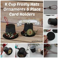 the instructions for making an ornaments and place card holders on top of hats