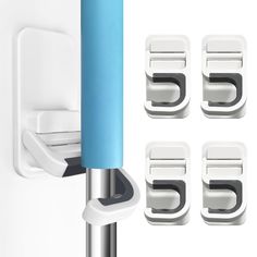 four white door handles with blue handle on the front and back of each door, all in different positions