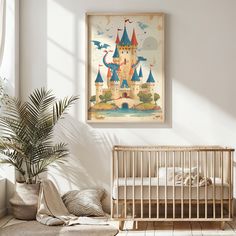 a baby's room with a crib in the foreground and a painting on the wall above it