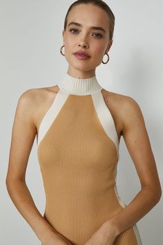 High Neck Knitted Rib Mono Dress Dresses High Neck, Pretty Tops, Halterneck Top, Ladies Clothes Fashion, Rib Top, Pretty Top, Ladies Clothes, Halter Neck Top, Karen Millen