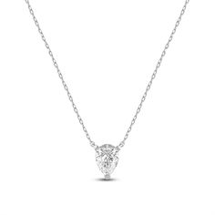 Add instant glamour to your daily wear with this pear solitaire necklace. The white gold pendant features a stylized three-prong basket securing pear-cut diamond that points downwards. This necklace delivers a subtle sparkle that can go from office to evening wear with ease. Solitaire Necklace, White Gold Pendant, Pear Cut Diamond, Solitaire Necklaces, Lab Created Diamonds, Pear Cut, Evening Wear, Gold Pendant, The White