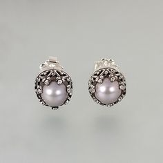 Vintage Style Gray Pearl Stud Earrings in Sterling Silver Antique Silver Pearl Earrings For Anniversary, Elegant Round Pearl Earrings With Intricate Design, Victorian Silver Pearl Earrings For Anniversary, Silver Victorian Pearl Earrings For Anniversary, Ornate Silver Pearl Earrings For Formal Occasions, Elegant Silver Filigree Pearl Earrings, Elegant Silver Pearl Earrings With Filigree, Classic Earrings With Oxidized Finish, Victorian Silver Pearl Drop Earrings