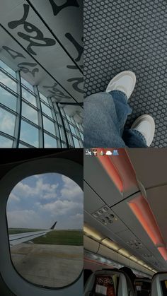 the view from inside an airplane looking out at another plane's wing and window