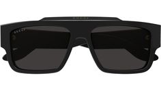 Gucci sunglasses model GG1460S Lettering eyewear collection rectangle recycled acetate frame featuring shiny solid black frame and black lens.