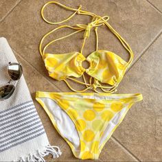 Never Worn Victoria Secret Yellow Polka Dot Bikini Good Condition Small Snag On Bottoms In Front And (See Photos) The Top Is Medium And Bottoms Are Small Measurements In Photos Smoke And Pet Free Home Polka Dot Swimwear For Summer Vacation, Polka Dot Swimwear For Poolside Summer, Polka Dot Swimwear For Summer, Polka Dot Swimwear For Summer Swimming, Polka Dot Beachwear Swimwear For Summer, Polka Dot Summer Swimwear For Beach, Polka Dot Beachwear For Summer, Polka Dot Swimwear For Poolside, Polka Dot Triangle Top Swimwear For Beach Season