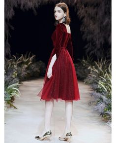 Shop Tulle Velvet A Line Short Burgundy Party Dress With Sleeves online. All instock with free shipping. Pro since 2009. Party Dress With Sleeves, Burgundy Party Dress, Burgundy Party, Party Dresses With Sleeves, Dress With Sleeves, A Line Shorts, Lovely Dresses, Gorgeous Dresses, I Dress