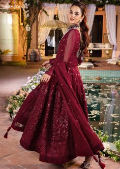 3 Piece Embroidered Suit for Women Description : Top: Chiffon fully embroidered long frock with lining inside. Bottom: Cotton Maroon Trouser. Dupatta: Embroidered Maroon Dupatta Embroidered Anarkali Georgette Dress, Party Wear Dresses With Sheer Dupatta For Festive Occasions, Eid Party Wear Gown With Embroidery, Floor-length Organza Dress With Dabka Details, Floor-length Organza Dress With Dabka, Party Wear Organza Gown With Dabka, Party Wear Maxi Dress With Sheer Dupatta, Festive Party Wear Embroidered Dress With Dupatta, Floor-length Dabka Embroidered Wedding Dress