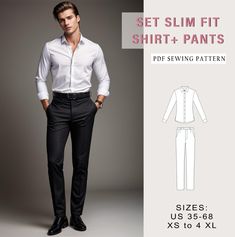 Digital sewing pattern for Bundle Set Men Shirt and Pants. ✔️ US Sizes: 2, 4, 6, 8, 10, 12, 14, 16, 18, 20, 22, 24, 26, 28, 30 ✔️ Standard sizes: XS, S, M, L, XL, 2XL, 3XL, 4XL/5XL ✔️These templates are suitable for A4, A0 and US Letter size paper. When you purchase this pattern, you will receive a digital (pdf) sewing pattern and instructions. Once your payment processes, you will automatically receive a download links of pattern files. If you have any problem accessing the files, please don't Sewing Patterns Men, Mens Sewing Patterns, Pants Sewing Pattern, Pants For Men, Sewing Pattern Sizes, Men Shirt, Slim Fit Shirt, Slim Fit Pants, Pants Pattern