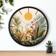 a clock that is on the side of a wall next to a potted plant