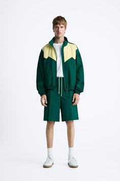 TECHNICAL COLORBLOCK JACKET - Green | ZARA United States Green Color Block Outerwear For Fall, Green Color Block Long Sleeve Outerwear, Green Long Sleeve Color Block Outerwear, Green Contrast Color Spring Outerwear, Green Spring Outerwear With Contrast Color, Spring Green Outerwear With Contrast Color, Urban Long Sleeve Track Jacket With Contrast Color, Spring Windbreaker With Contrast Color And Long Sleeves, Sporty Nylon Track Jacket With Zip Cuffs