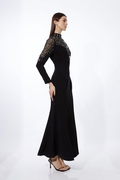 {@@=Ist.Core.Helpers.StringHelper.ToProperCase("Exude a glamorous edge with this maxi dress, adorned with premium crystal embellishments along a sheer high neck and long sleeves, while a sweetheart neckline adds an alluring touch. Cut with an A-line lightly pleated finish for a flattering silhouette, pair with barely-there heels and silver-tone accessories for a formal soirée ensemble.Crystal embellishmentsLong sleevesHigh neckExpertly designed for those 5'3" and under, our Petite pieces are per Bride Jumpsuit, Plus Size Workwear, Latest Maxi Dresses, Maxi Dress Collection, Outfits Petite, Guest Outfit, Karen Millen, Embellished Dress, Petite Dresses