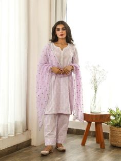 Anokhi - Lavender Mirror Embroidered Cotton Kurta Set (Set of 3) By Gulabo Jaipur now available at Trendroots Cotton Palazzo Set With Gota Work, Designer Cotton Palazzo Set With Dabka Work, Diwali Cotton Palazzo Set With Mirror Work, Purple Cotton Straight Kurta Salwar Kameez, Purple Cotton Salwar Kameez With Straight Kurta, Cotton Palazzo Set With Straight Kurta And Mirror Work, Purple Cotton Anarkali Set With Straight Kurta, Cotton Churidar With Gota Work Straight Kurta, Cotton Churidar With Gota Work In Straight Kurta Style