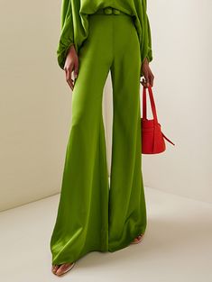 High Waisted Loose Solid Color Split-Joint Pants Trousers GREEN-S High Waisted Wide Leg Pants, Loose Trousers, Polyester Pants, Solid Green, Trousers Pants, Trouser Pants, Pants Trousers, Wide Leg Trousers, High Waisted Pants