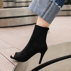 DETAILS Square toe Peep toe Suede Side zipper 2.4'' heel Summer Boots, Spike Heels, Peep Toe Heels, High Top Shoes, Short Boots, Velcro Straps, Black Booties, Suede Boots, Slip Ons