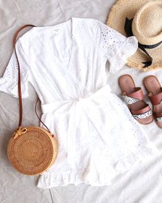 Everly - Eyelet Faux Wrap Cotton Romper with Ruffle Hem in White Romper With Tights, White Romper Outfit, Flat Lay Outfit, Online Clothing Boutique, Flatlay Styling, Blogger Tips, Summer Getaway, Online Clothing Boutiques, White Romper